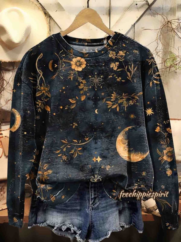 Women's Vintage Moon Floral Art Pattern Print Casual Crew Neck Sweatshirt