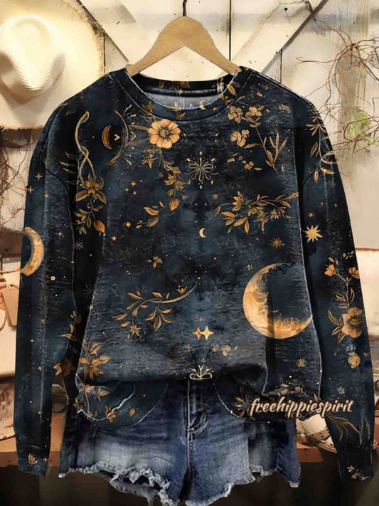 Women's Vintage Moon Floral Art Pattern Print Casual Crew Neck Sweatshirt