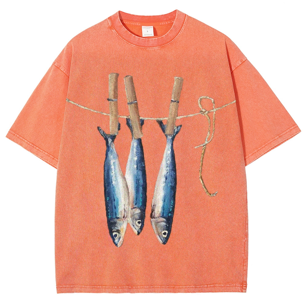 Unisex Sardines Printed Casual Washed T-shirt