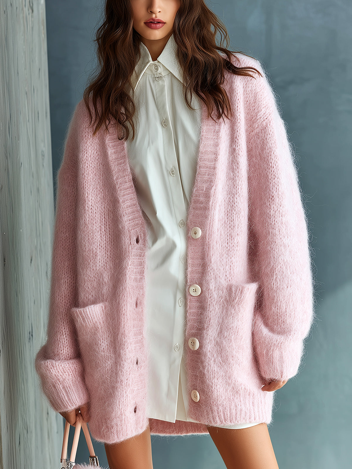 Taidalw Chic Elegant Pink V-Neck Single-Breasted Long Sleeve Patch Pocket Loose-Fit Fuzzy Mohair Knit Mid-Length Cardigan