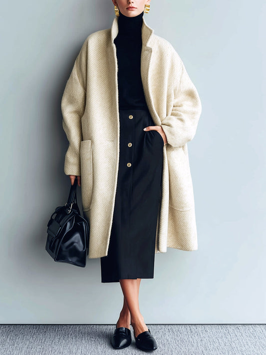 Taidalw Chic Vintage Cream White Twill Wool Blend Lapel Collar Patch Pocket Slouchy Mid-Length Coat