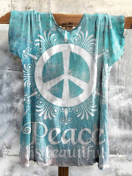 Women's Vintage Hippie Peace Is Beautiful Pattern Prints Cotton Crew Neck Tee