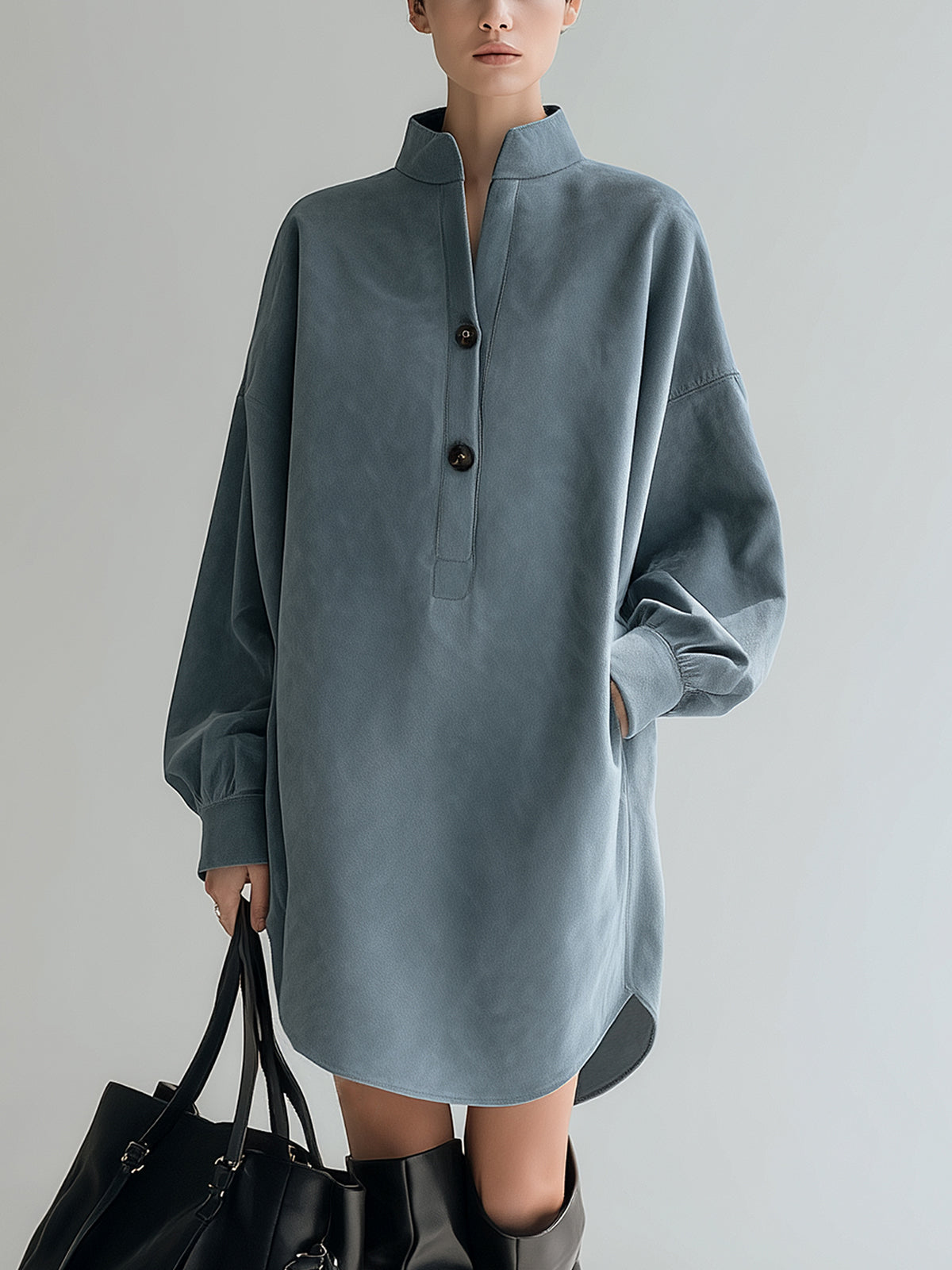 Taidalw Chic Vintage Gray Faux Suede Stand Collar Long Lantern Sleeve Oversized Mini Dress