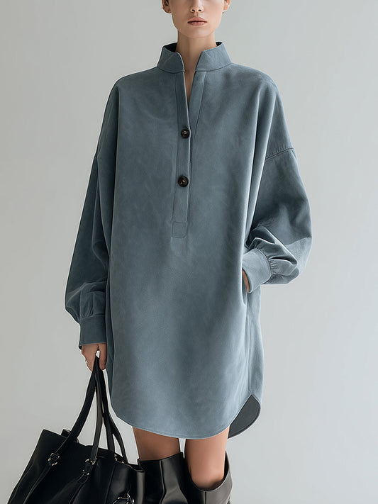 Taidalw Chic Vintage Gray Faux Suede Stand Collar Long Lantern Sleeve Oversized Mini Dress