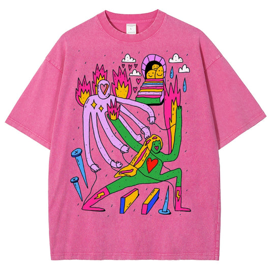 Unisex Art Abstract People Printed Washed Tee