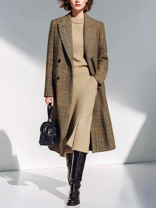 Taidalw Vintage Elegant Khaki Plaid Wool Blend Lapel Double-Breasted Long Coat