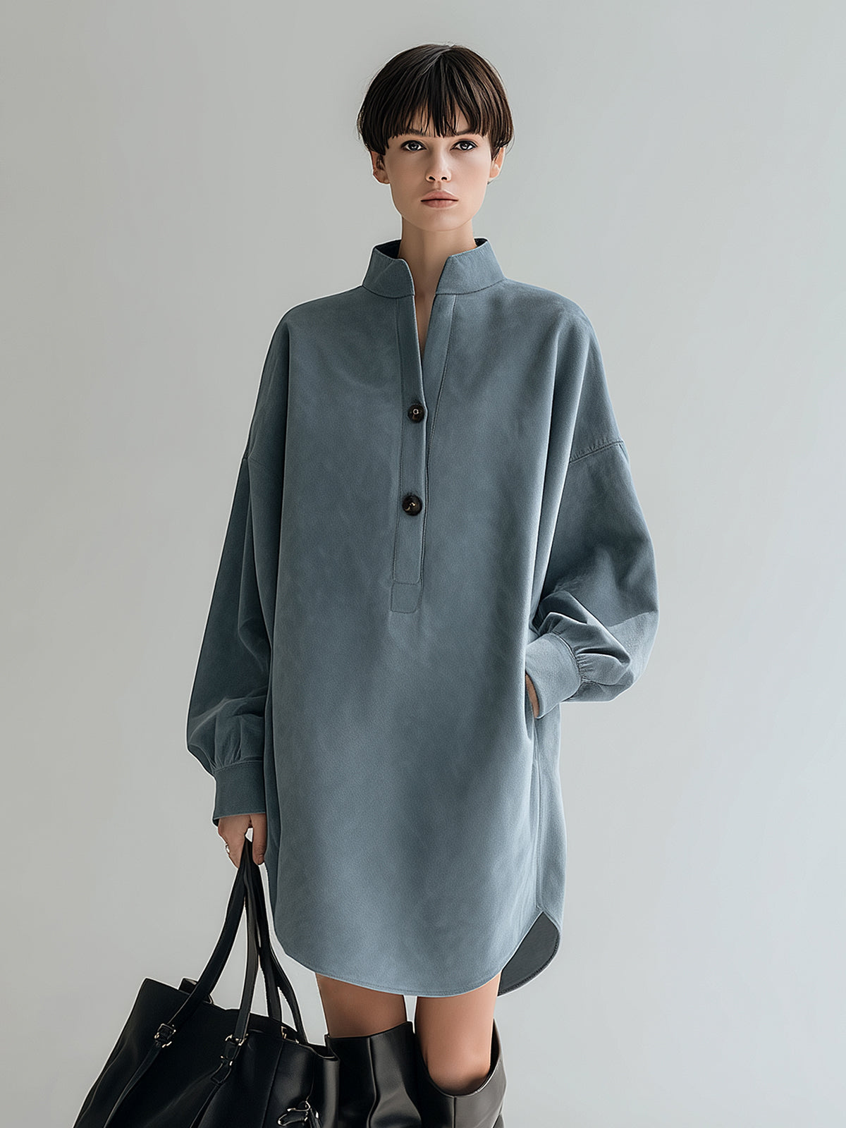 Taidalw Chic Vintage Gray Faux Suede Stand Collar Long Lantern Sleeve Oversized Mini Dress