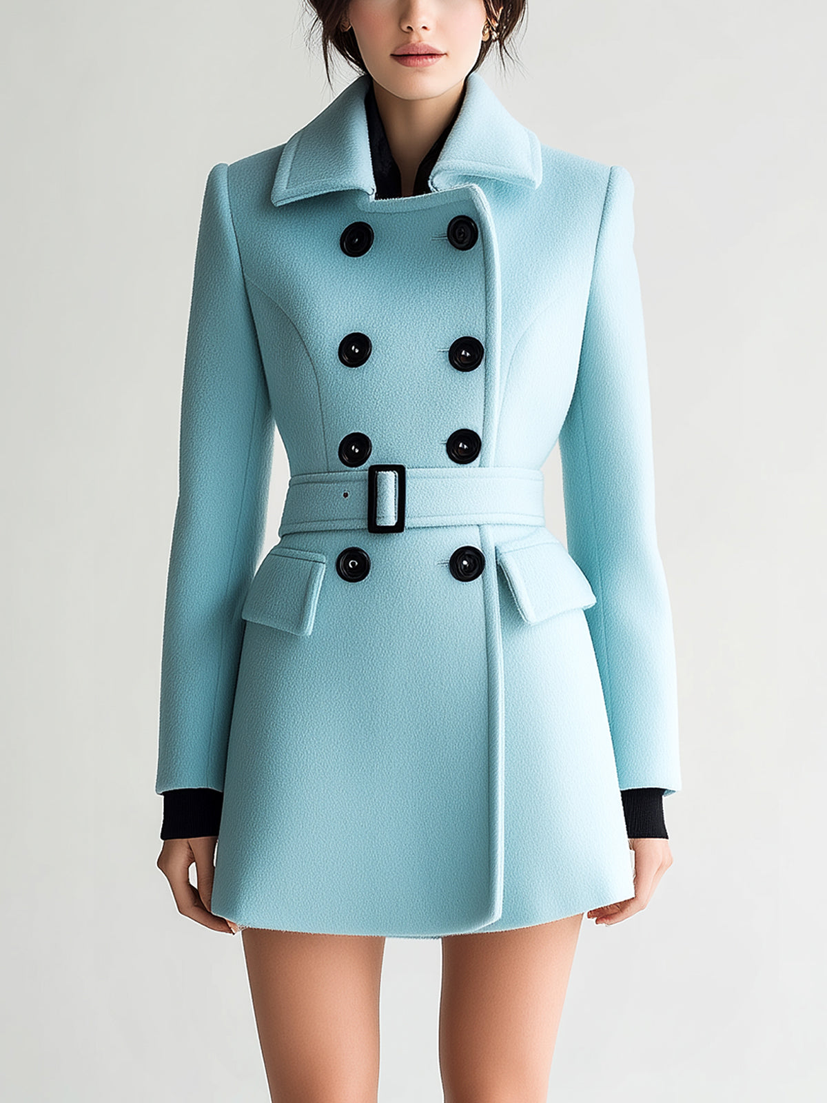 Taidalw Chic Vintage Ligh Blue Wool Blend Lapel Double-Breasted Belted Slim-Fit Peacoat