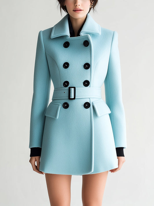 Taidalw Chic Vintage Ligh Blue Wool Blend Lapel Double-Breasted Belted Slim-Fit Peacoat