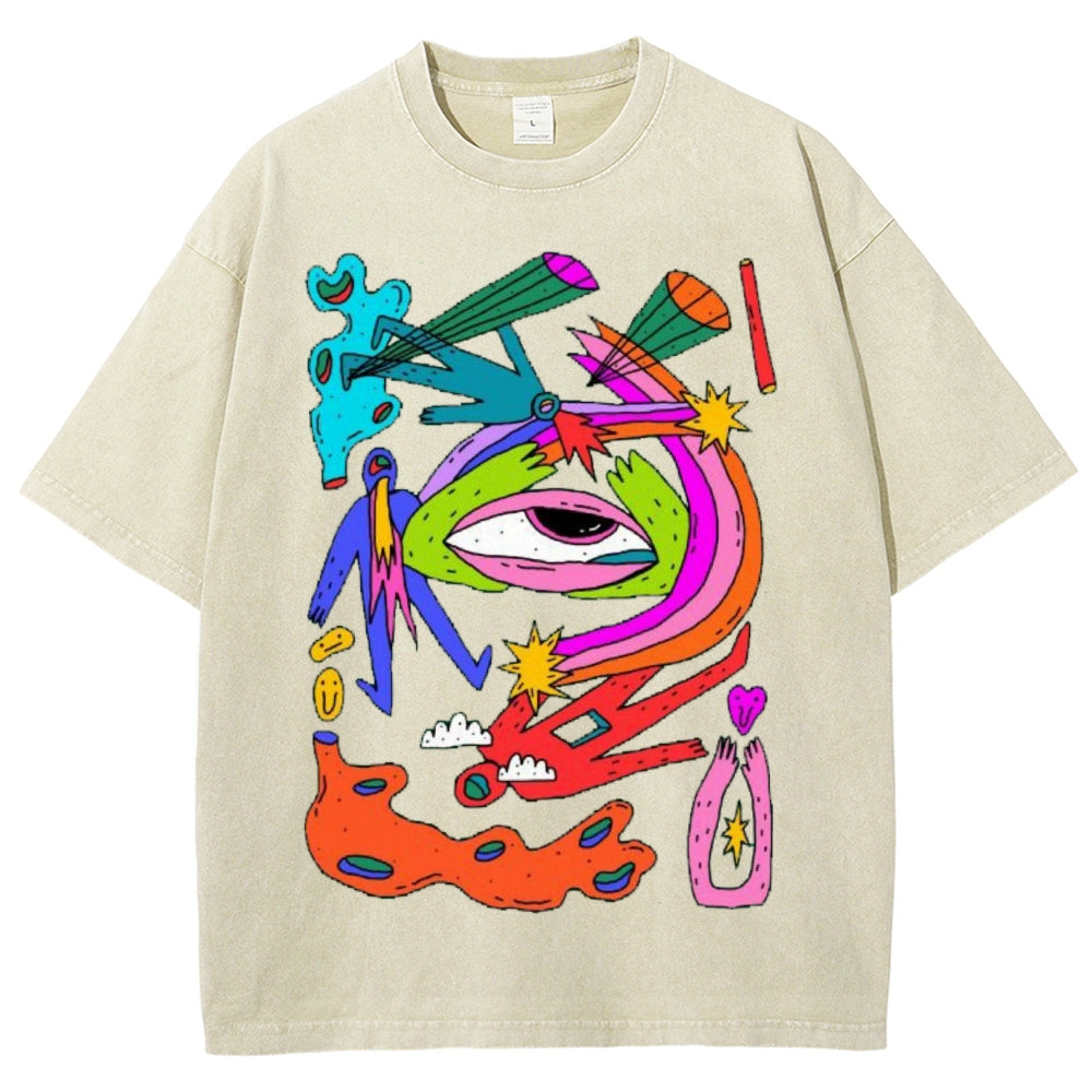 Unisex Abstract Art Eyes Printed Washed Tee