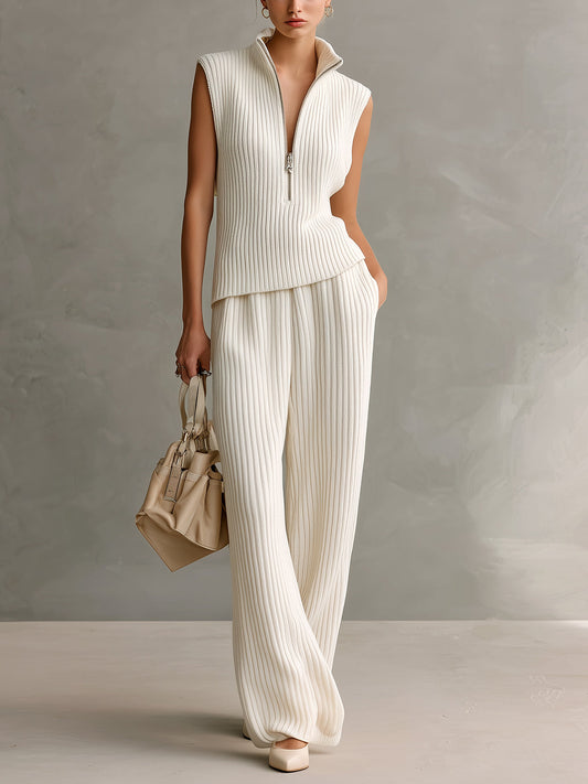 Taidalw Chic Elegant Cream White Zipper-Up Stand Collar Sleeveless Tank Top And Wide-Leg Pants Ribbed Knit Two-Piece Set