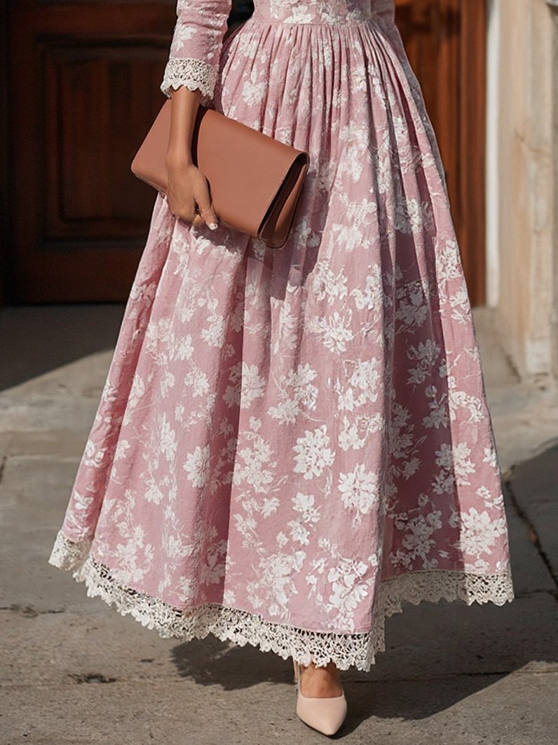 Maxi Linen Dress Set, Half Sleeve, Round Neck, Floral, Lace, Vacation, Vintage, Light Pink