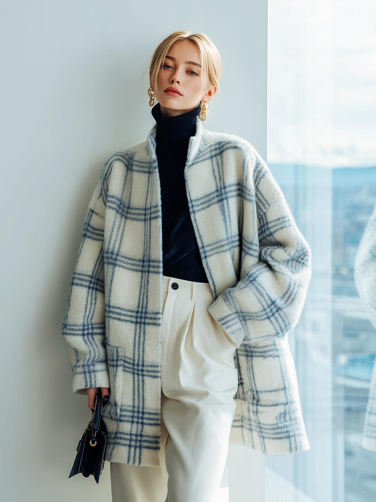 Taidalw Chic Vintage Navy Plaid Wool Blend Stand Collar Slouchy Mid-Length Fuzzy Jacket