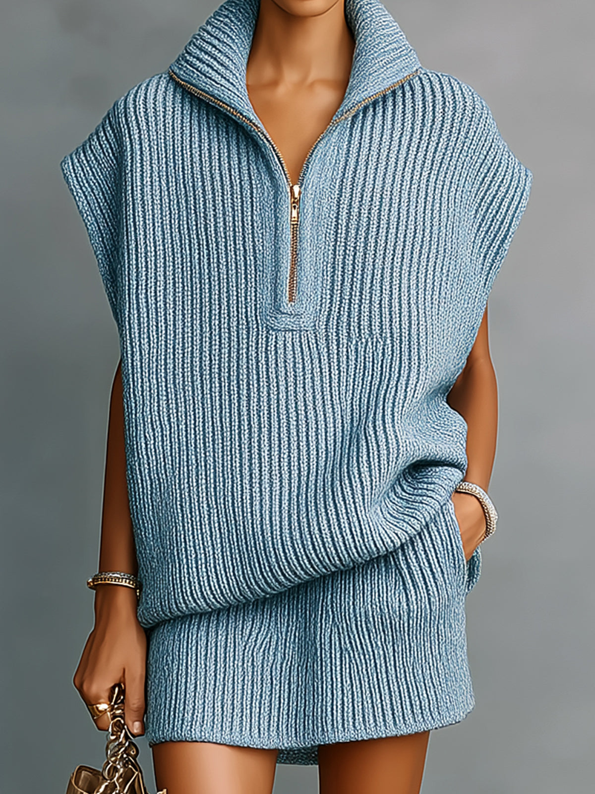 Taidalw Chic Elegant Blue Zipper-Up Stand Collar Wide Shoulder Sleeveless Oversize Sweater Top And Mini Skirt Ribbed Knit Two-Piece Set