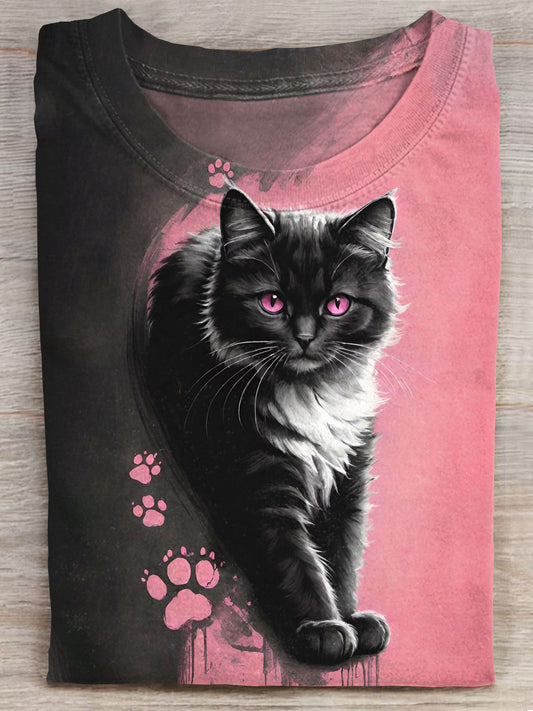 Black Cat  Lover Art Print Casaul Short Sleeve T-shirt