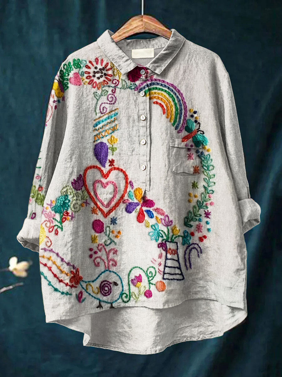 Women's Vintage Peace Art Print Casual Cotton And Linen Shirt