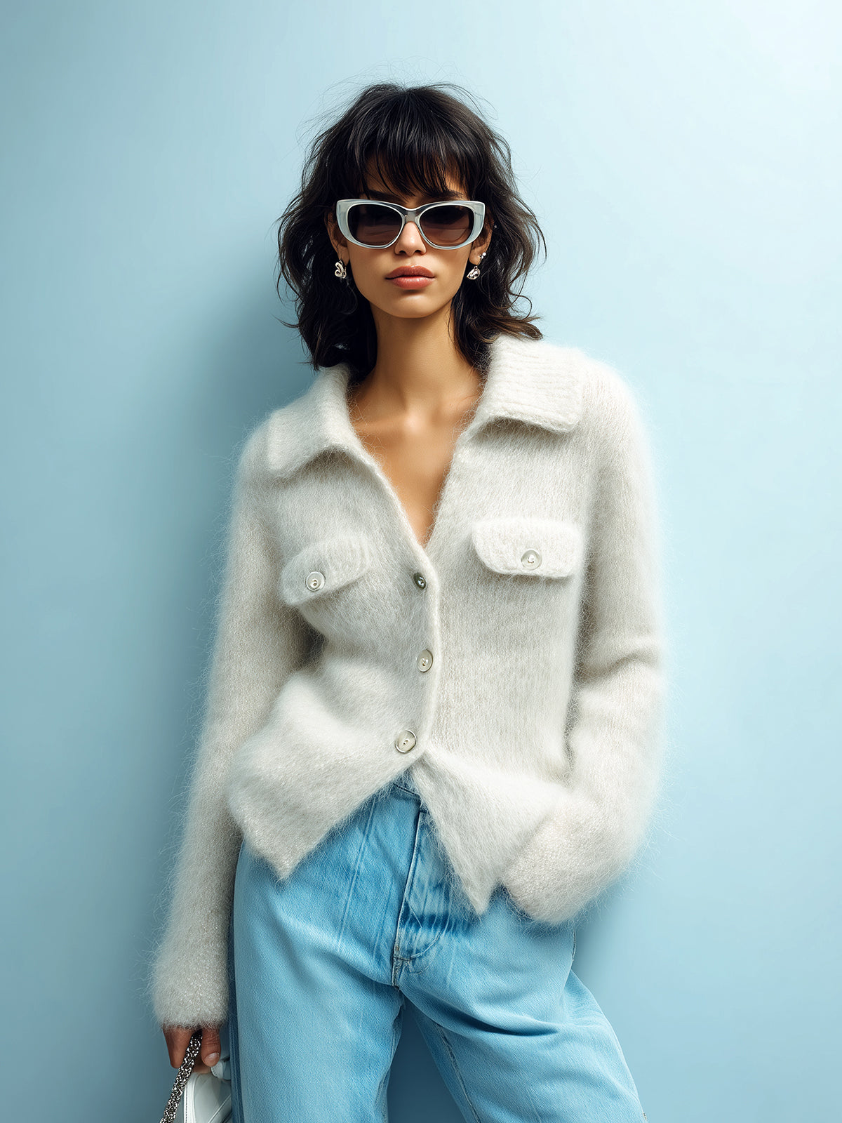 Taidalw Chic Elegant Cream White Lapel Single-Breasted Long Sleeve Decorative Pocket Fuzzy Mohair Knit Cardigan