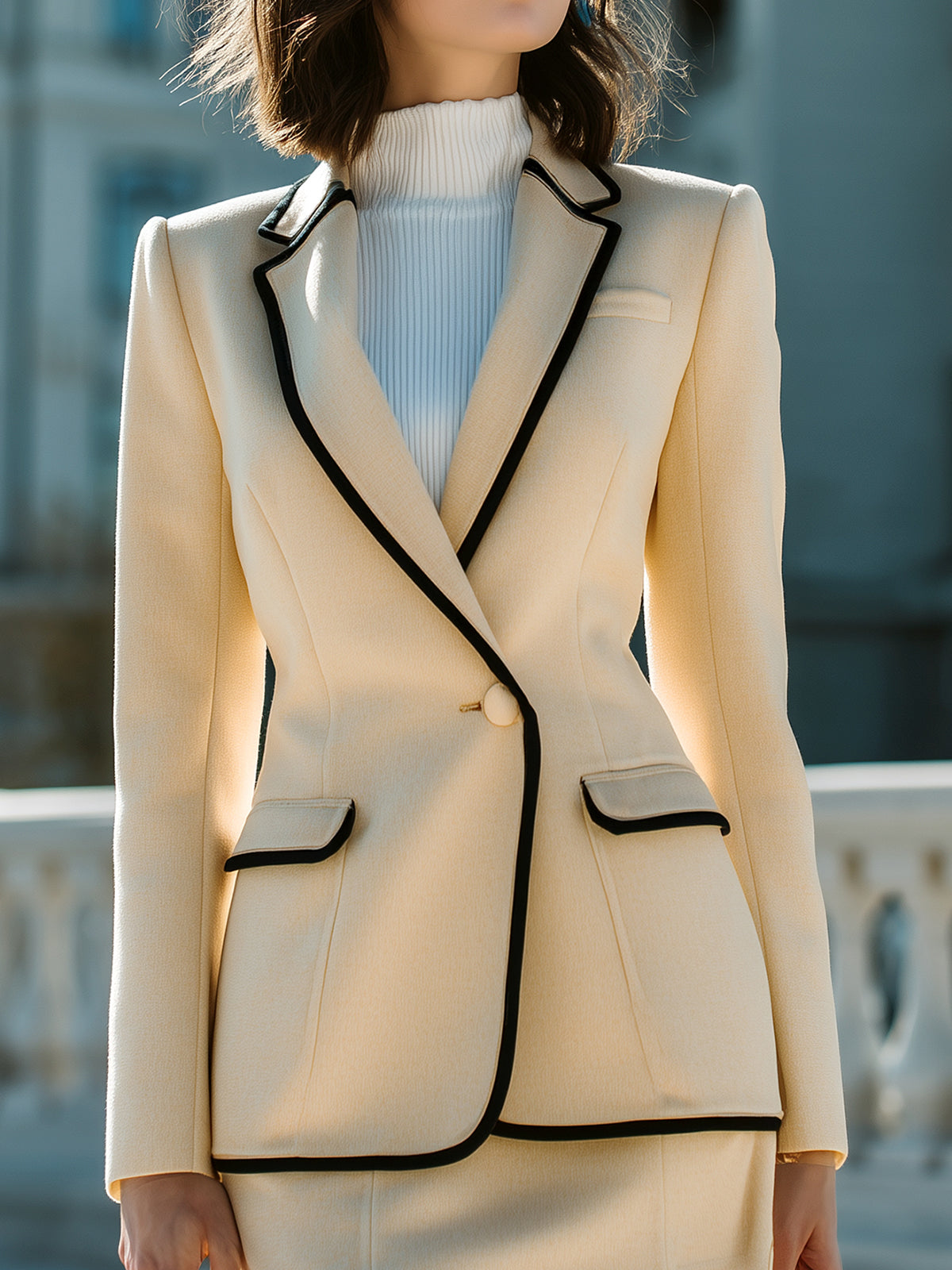 Taidalw Vintage Elegant Wool Blend Notched Collar Single Breasted Contrast Trim Tailored Waist Blazer