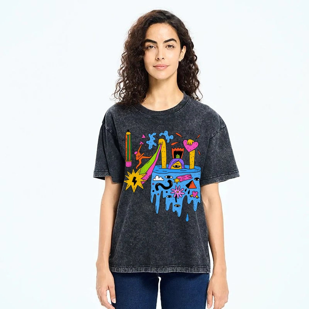 Unisex Abstract Art Eyes Printed Washed Tee