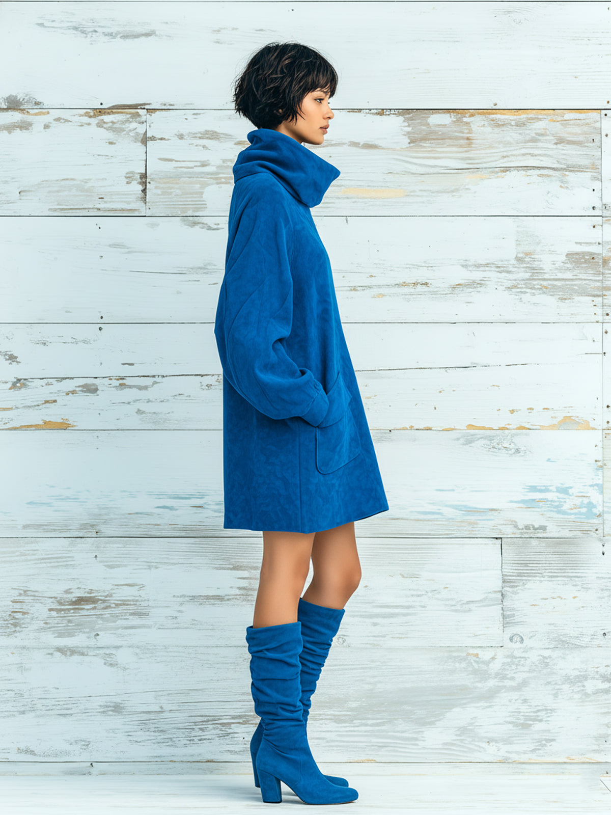 Taidalw Chic Elegant Royal Blue Faux Suede Oversized Turtleneck Long Lantern Sleeve Patch Pocket Mini Dress