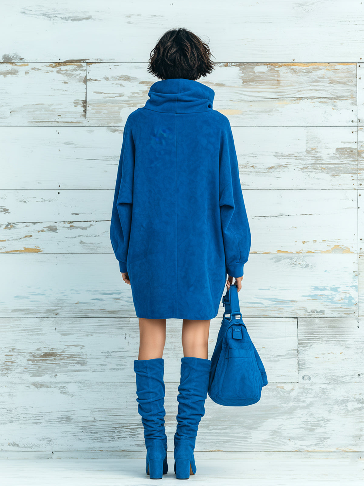 Taidalw Chic Elegant Royal Blue Faux Suede Oversized Turtleneck Long Lantern Sleeve Patch Pocket Mini Dress