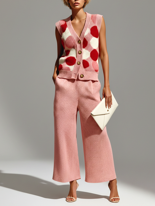 Taidalw Stylish Elegant Pink Polka Dot Jacquard V-neck Button Slim-Fit Vest Wide-Leg Pants Knit Two-Piece Set