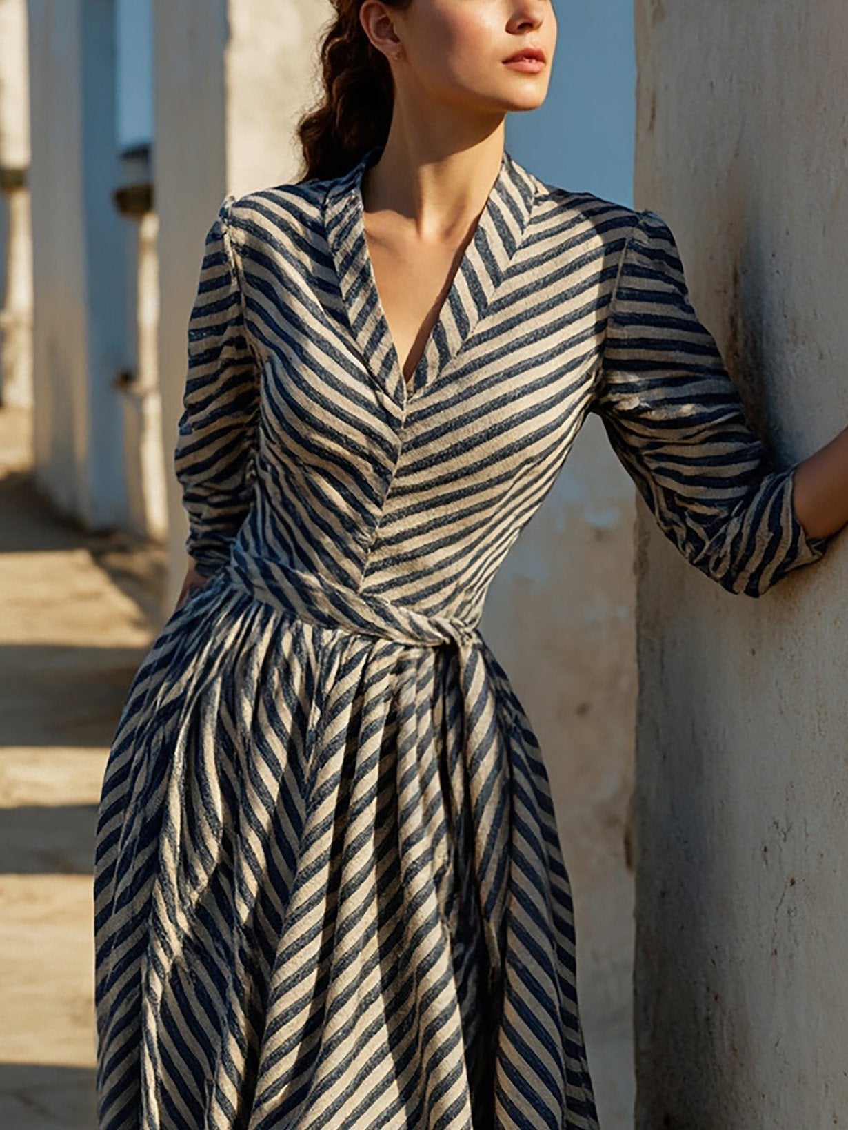 Maxi Linen Dress, Half Sleeve, V Neck, Striped, Button Design, French Vintage, Blue