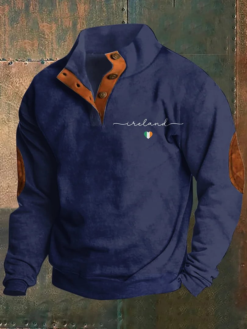 Men's Ireland Print Stand Collar Button-Down Sweatshirt