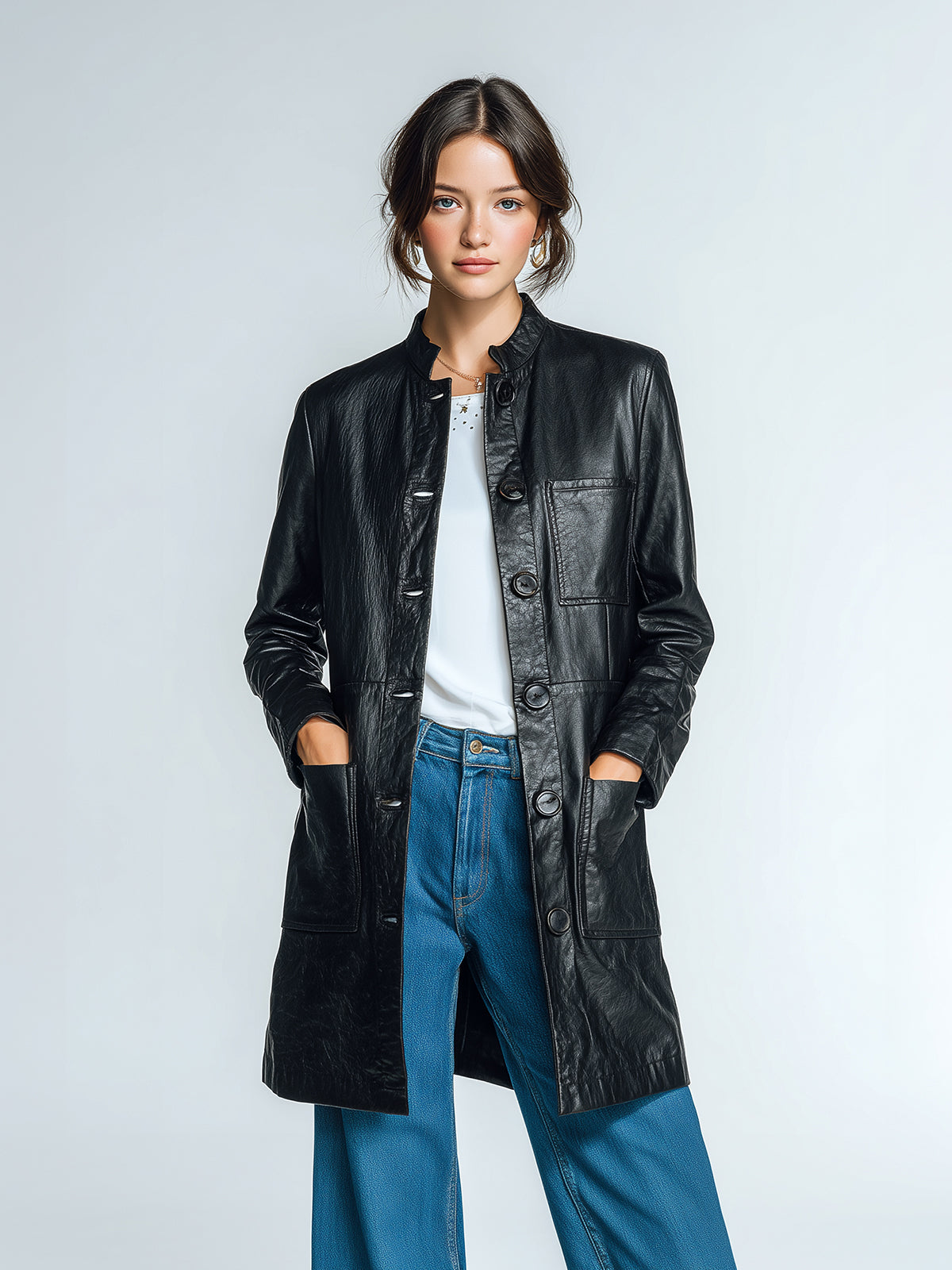 Taidalw Chic Vintage Black Faux Leather Stand Collar Single-Breasted Multi-Pocket Utility Trench Coat