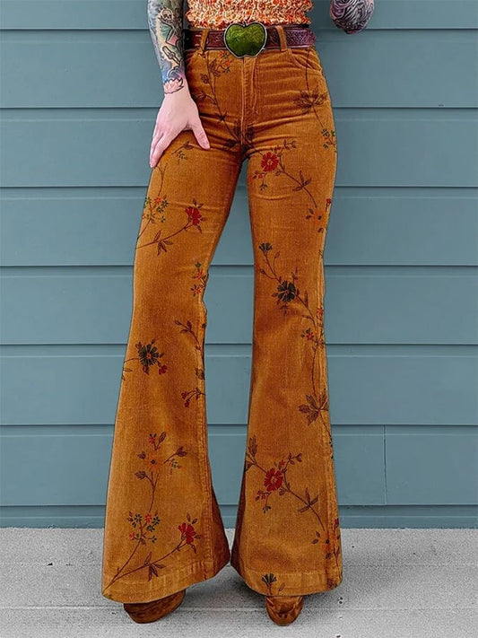 Women's Vintage Floral Print Mid-Rise Button-Hem Bootcut Pants (Without Belt)