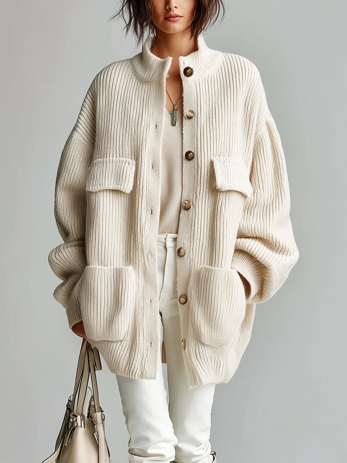 Taidalw Chic Vintage Cream White Stand Collar Utility Pocket Single-Breasted Oversized Ribbed Knit Cardigan