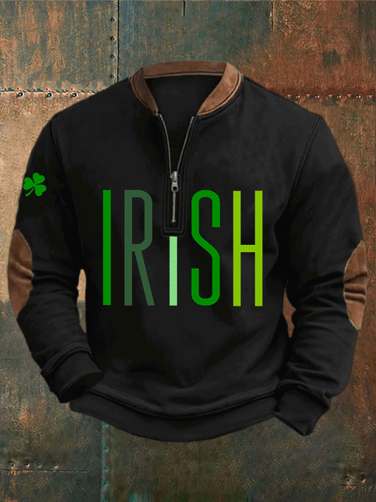 Men's St. Patrick's Day Shamrock Irash Print Casual Zipper Pullover