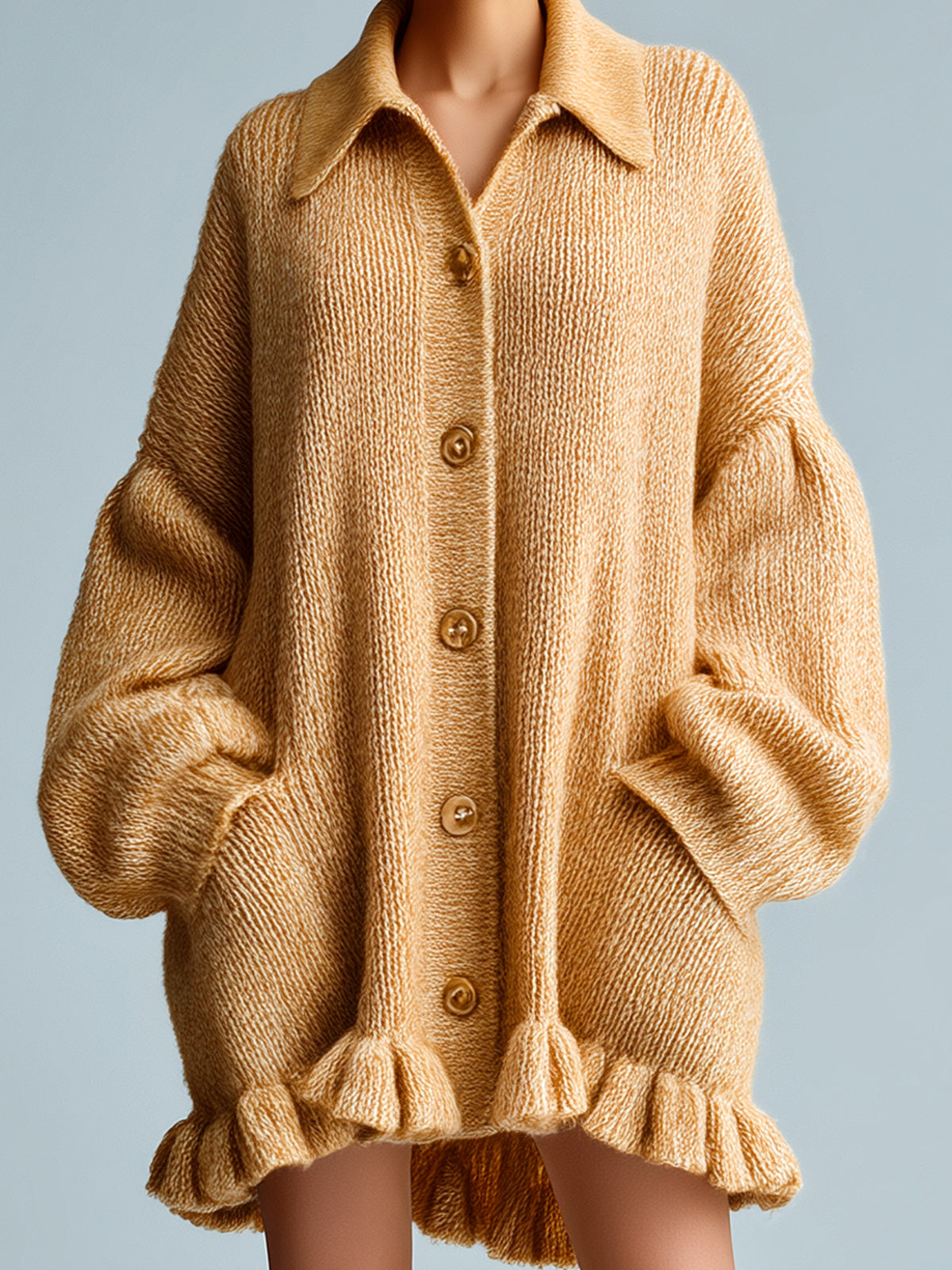 Taidalw Chic Casual Camel Lapel Single-Breasted Lantern Sleeve Ruffled Hem Slouchy Knit Cardigan