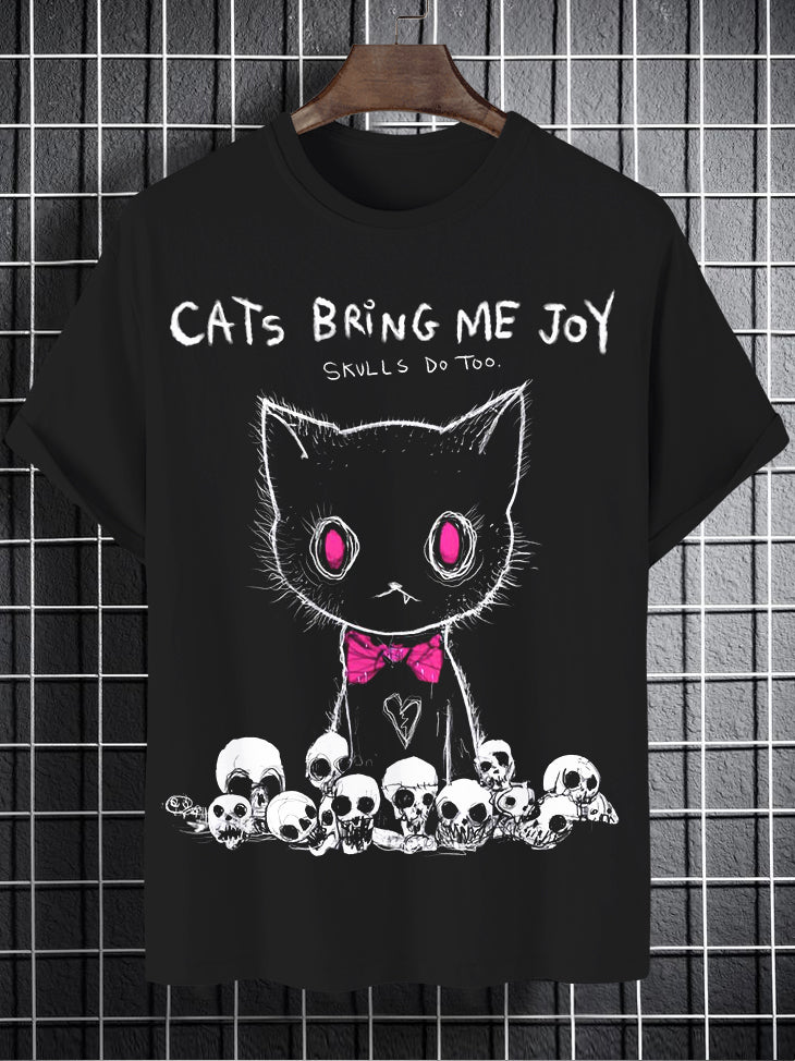 100% Cotton Cats Bring Me Joy Skull Do Too Print Casual T-Shirt