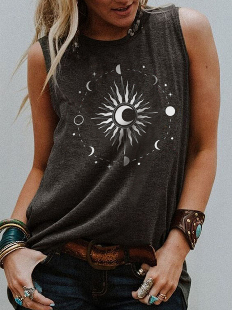 Vintage Sun And Moon Print Sleeveless Tank Top