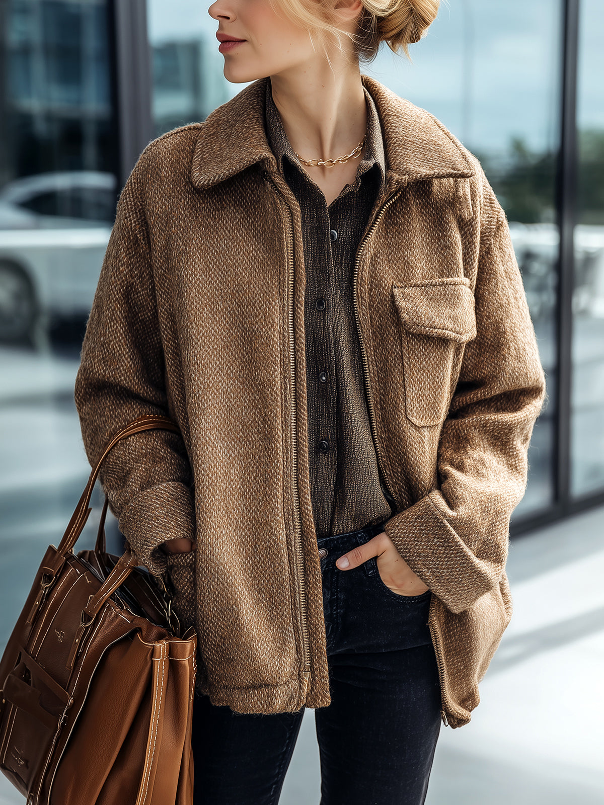 Taidalw Casual Chic Brown Wool Blend Tweed Lapel Zip-Front Flap Pocket Jacket