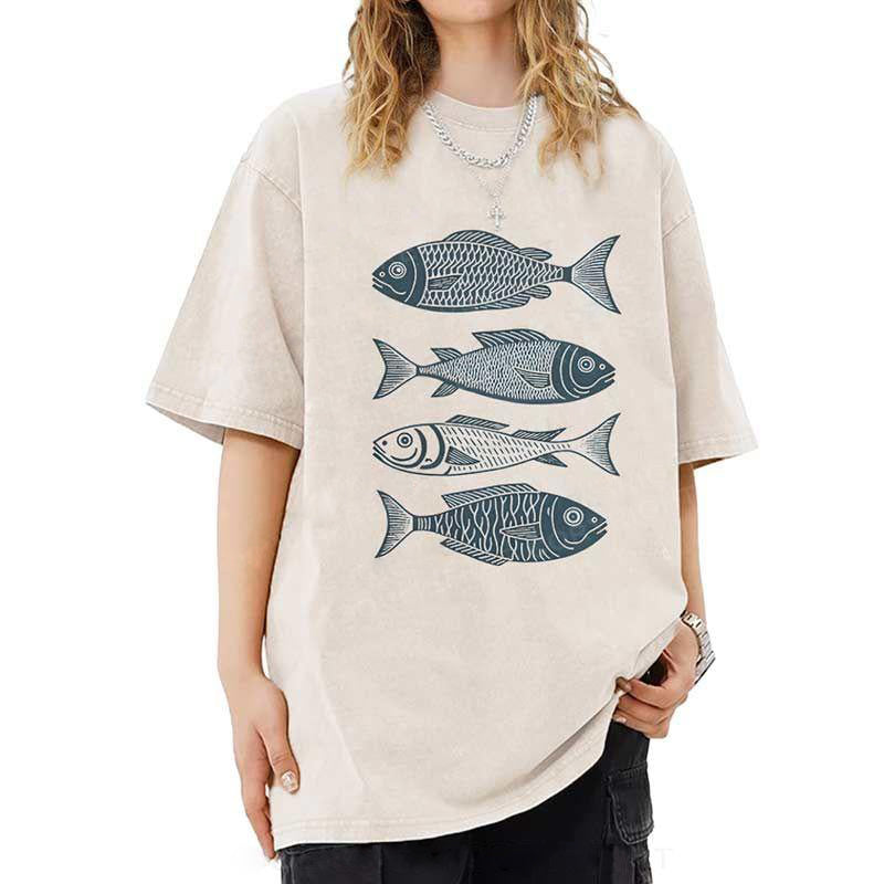 Unisex Fish That Meet And Separate Printed Washed Tee