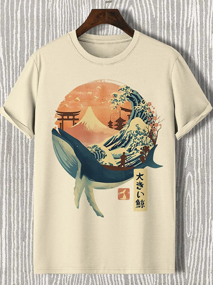 Whale Mount Fuji Ukiyoe Japanese Art Print Cotton Casual T-shirt