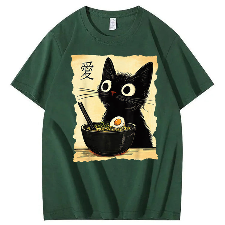 Funny Cat Ramen Graphic Tee Japanese Kawaii Anime Cat 100% Cotton T-Shirt