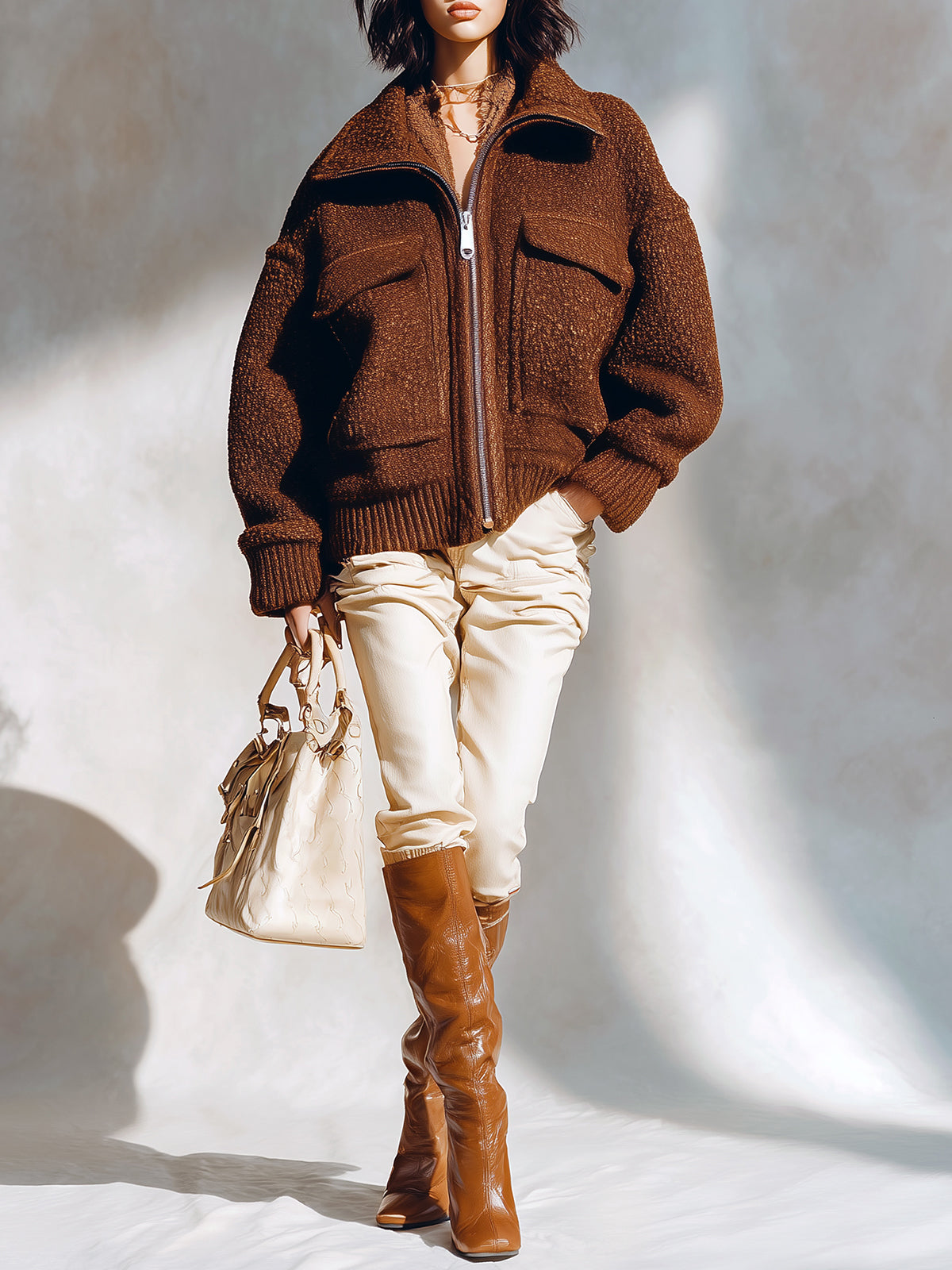 Taidalw Chic Vintage Dark Brown Wool Blend Lapel Zip-Up Multi-Pocket Slouchy Short Jacket