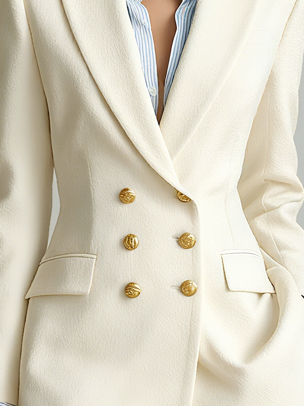 Taidalw Chic Vintage Cotton-blend Peak Lapel Metal Buttons Double-breasted Slim-fit Blazer