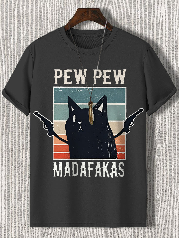 100% Cotton Pew Pew Madafakas Funny Cat Print Casual T-Shirt