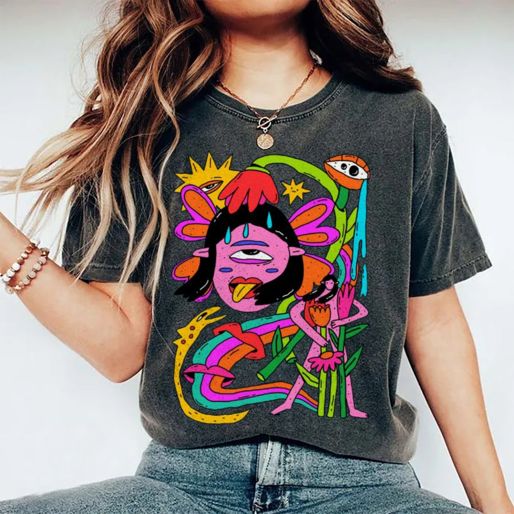 Unisex Abstract Art Human Face Eyes Printed Washed Tee