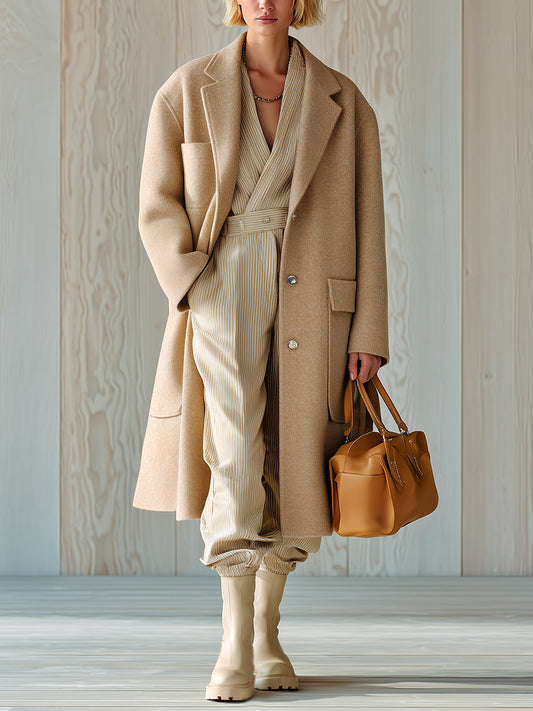 Taidalw Chic Vintage Khaki Wool Blend Notched Collar Single-Breasted Large Pocket Slouchy Wram Mid-Length Coat