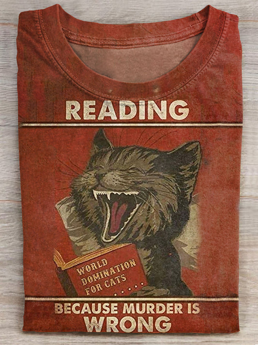 Vintage Reading Beacause Muder Is Wrong Funny Cat Art Print Casaul T-shirt