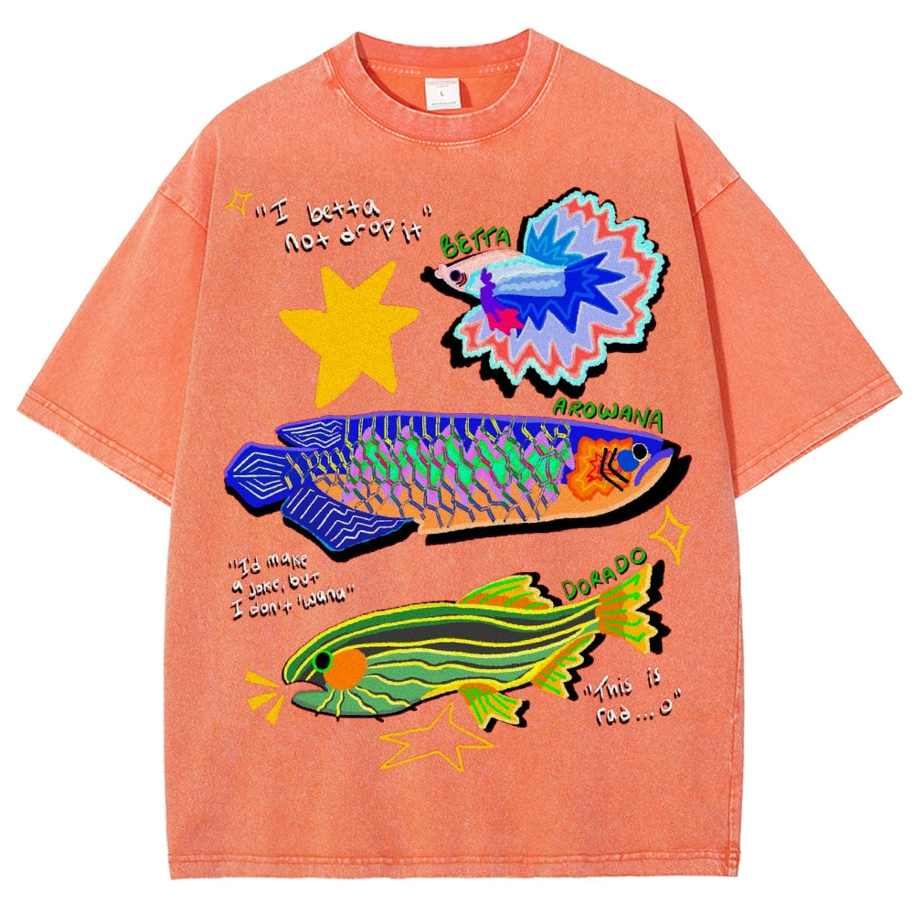 Unisex Colorful Cartoon Fish Washed Tee