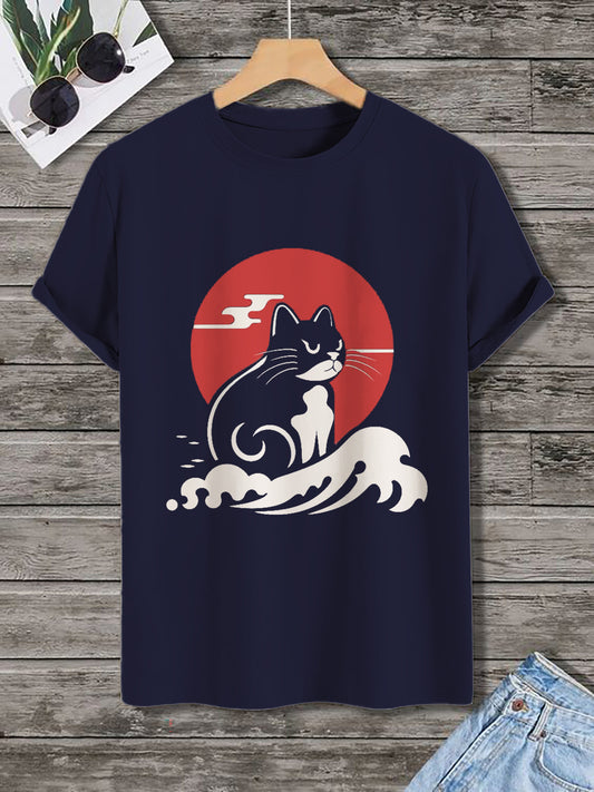100% Cotton Japan Sea Wave Cat Print Casual T-Shirt