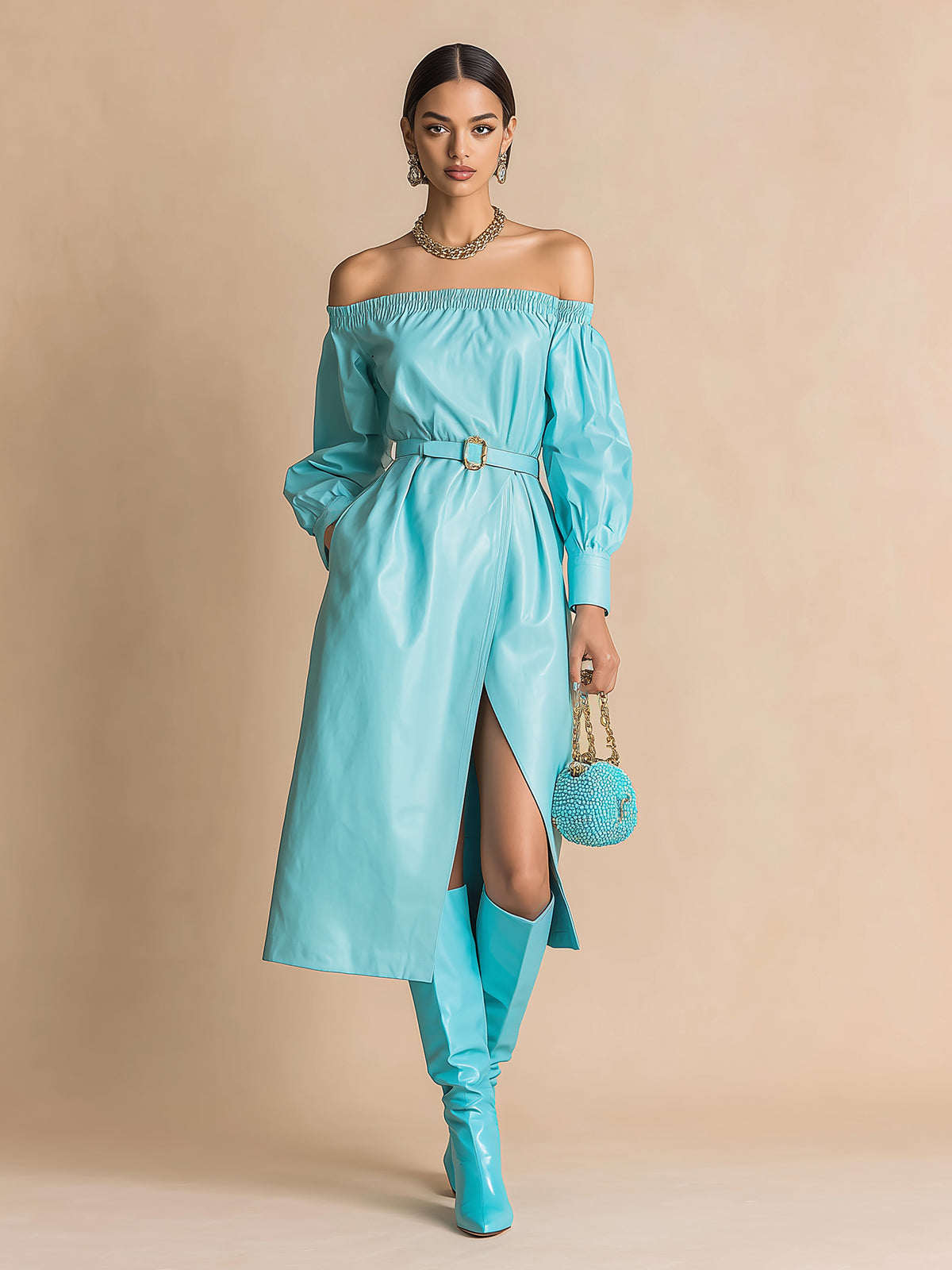 Taidalw Chic Elegant Blue Faux Leather Off The Shoulder Loose Fit Belted Long Sleeve Slit Midi Dress