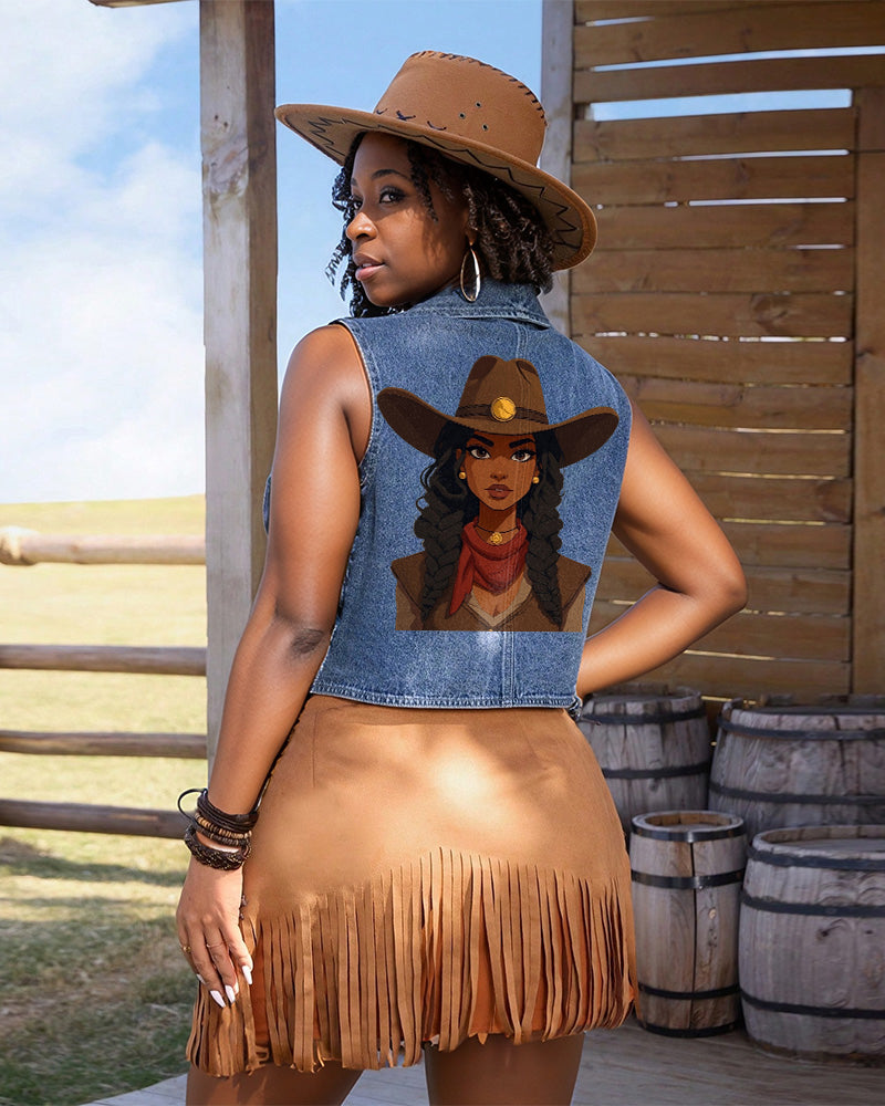 Fashion Brown Cowgirl Squad Single-Breasted Casual Denim Waistcoat
