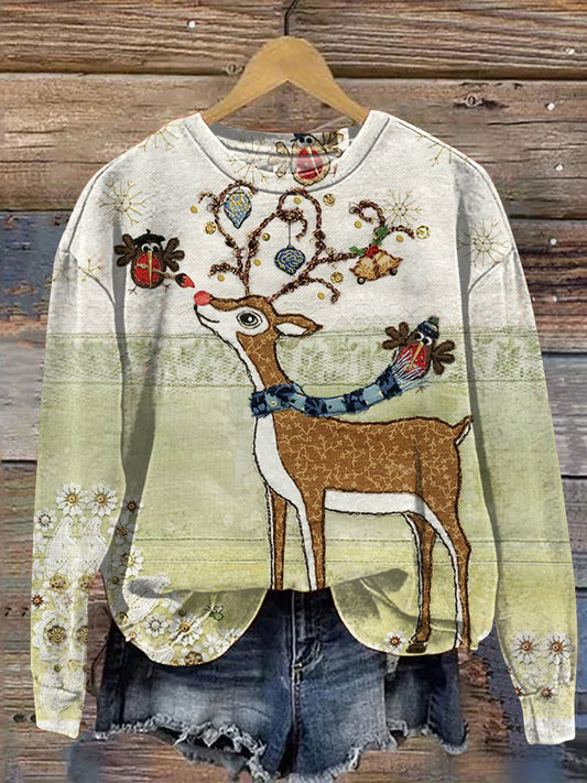 Retro Christmas Deer Art Print Casual Sweatshirt